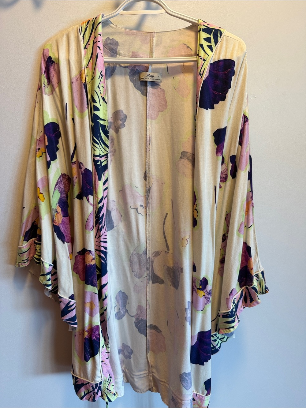 Maaji Floral Cream Kimono Swim Coverup with Purple and Pink Accents
